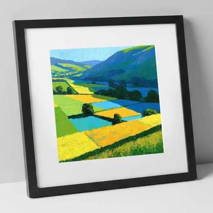 Cobalt And Yellow Dale Fields lake district valley art print in black frame