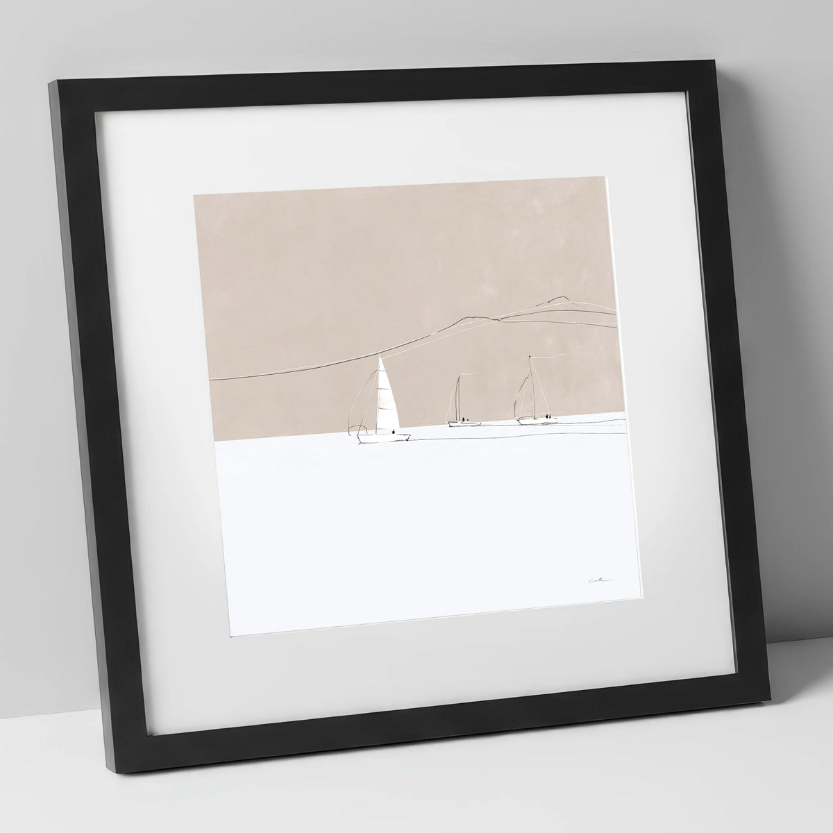 Minimalist Sailboats and Distant Fells lake district walking art print in black frame
