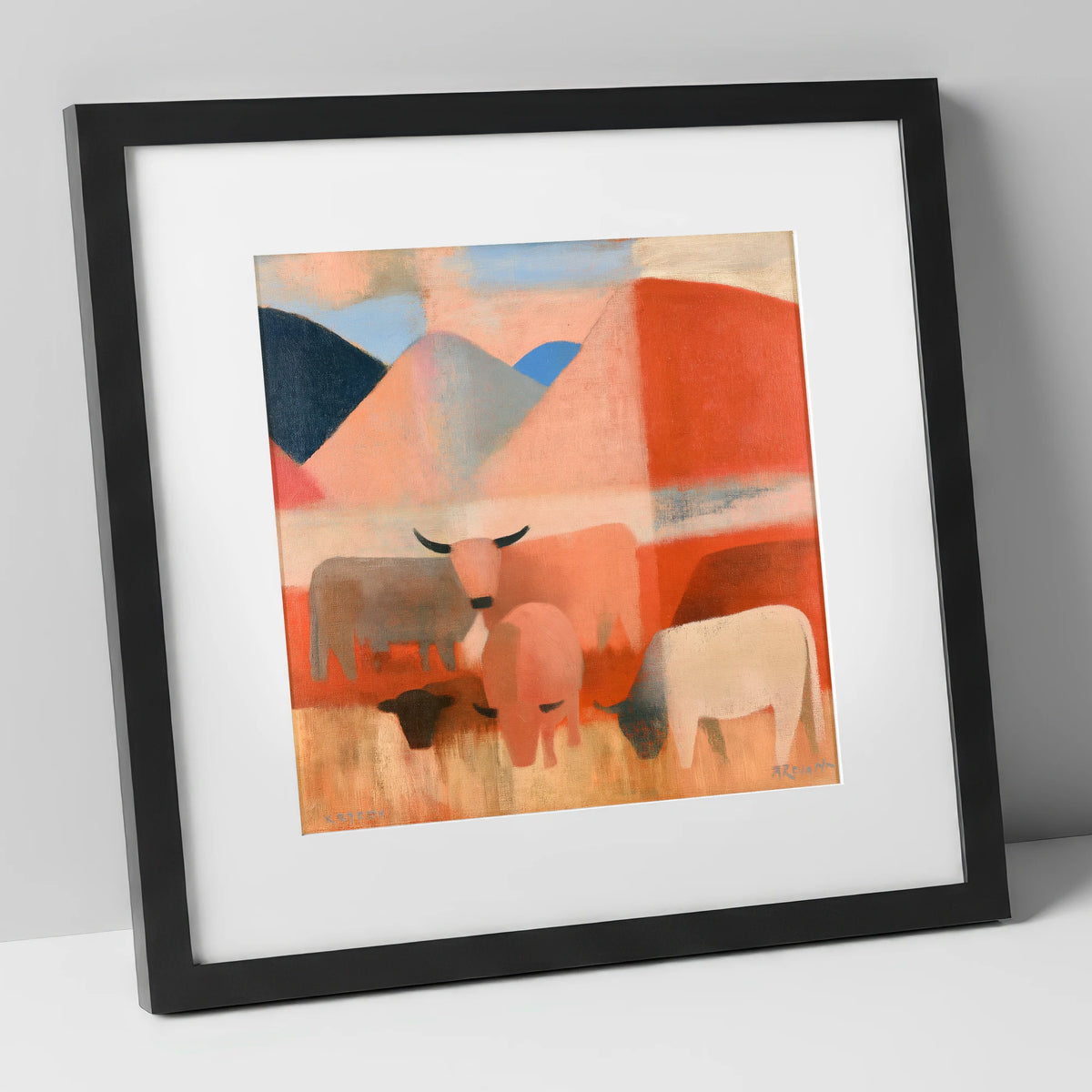 Highland Cattle and Terracotta Fells lake district wildlife art print in black frame