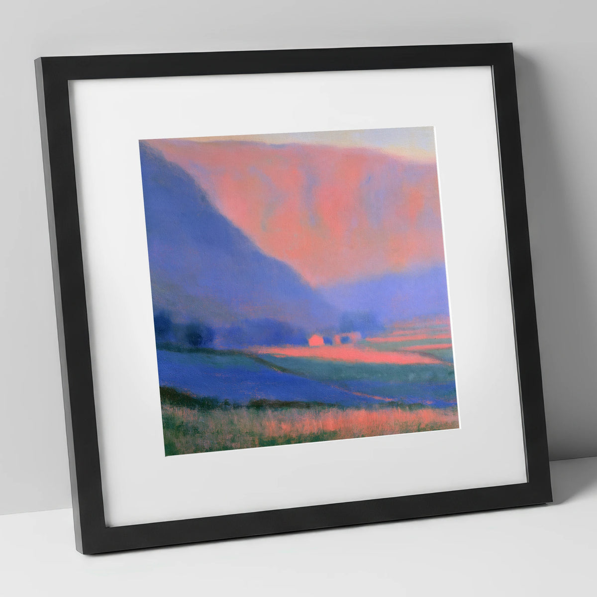 Pink Light on Patchwork Fields lake district valley art print in black frame