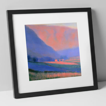 Pink Light on Patchwork Fields lake district valley art print in black frame