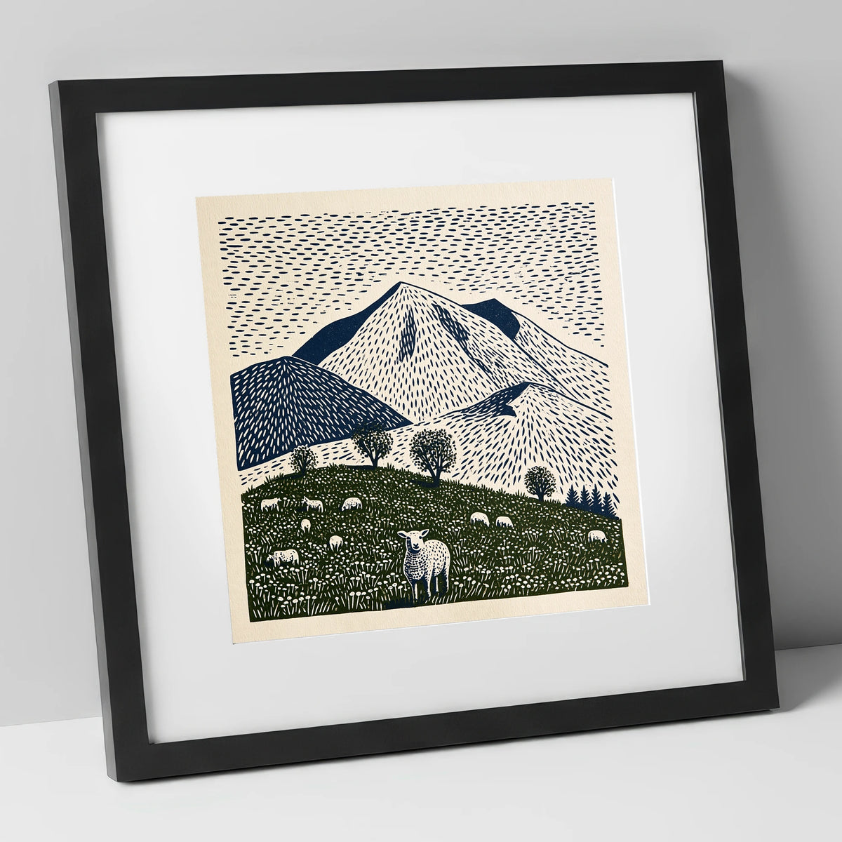 Skiddaw with Grazing Flock lake district fell art print in black frame