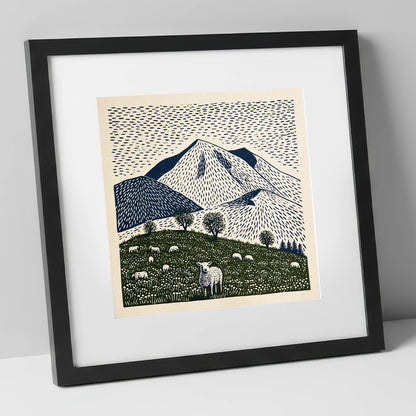Skiddaw with Grazing Flock lake district fell art print in black frame