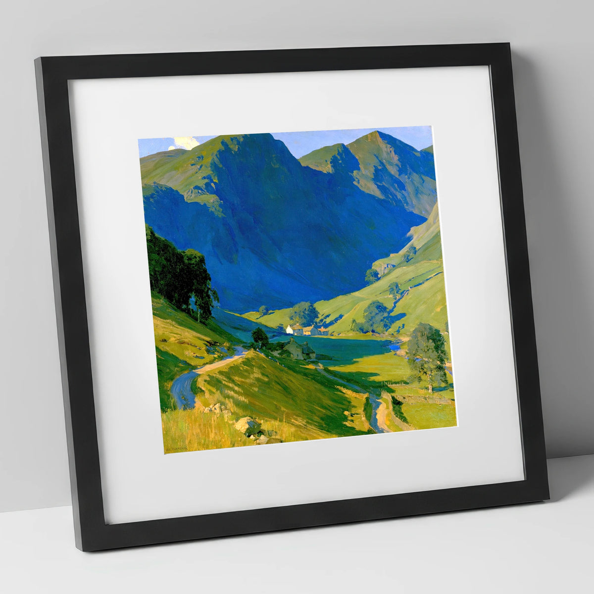 Valley Farm Beneath Blue Fells lake district valley art print in black frame