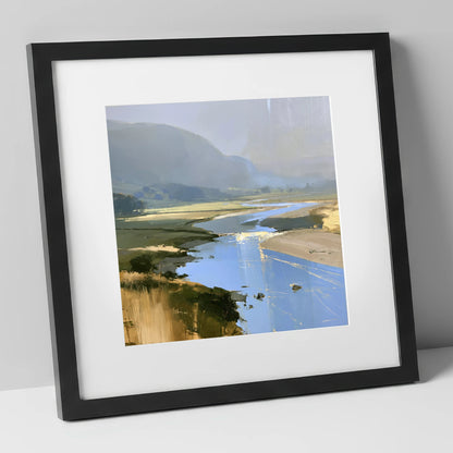 Winding River and Hazy Fells lake district waterfall art print in black frame