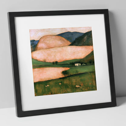Peach Fells And Valley Farm lake district sky art print in black frame