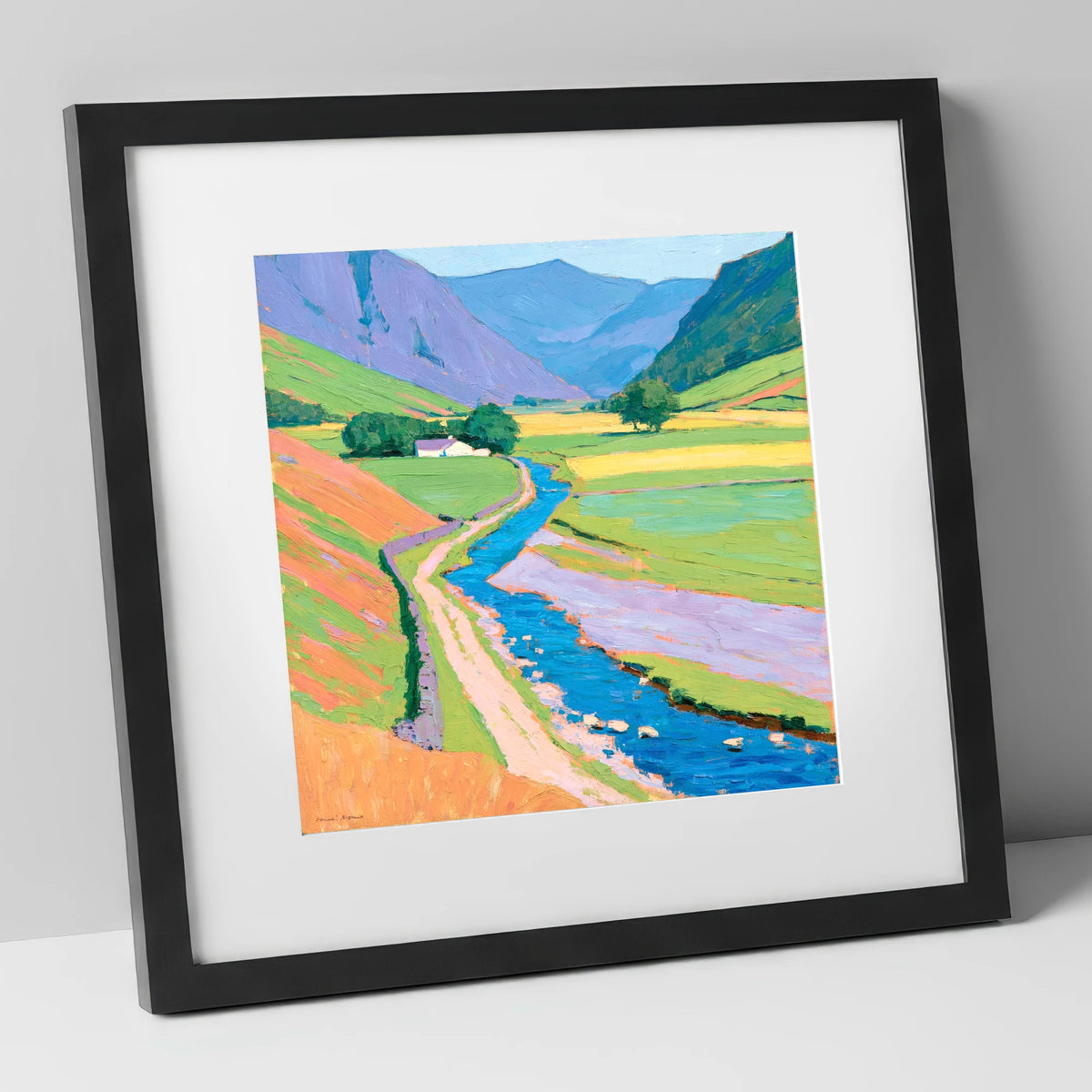 Winding Beck Through Vibrant Fells lake district valley art print in black frame