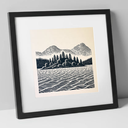 Graphic Derwentwater Island Landscape lake district lake art print in black frame