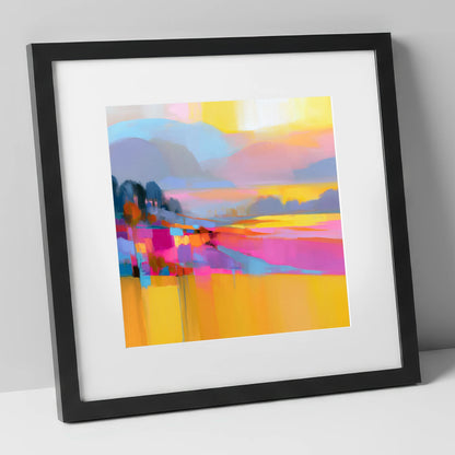 Magenta and Gold Valley Mist lake district sky art print in black frame