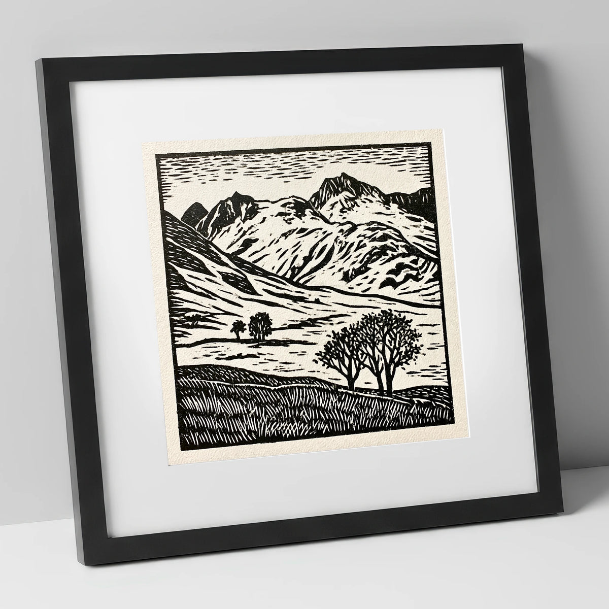 Monochrome Great Langdale Fells lake district valley art print in black frame