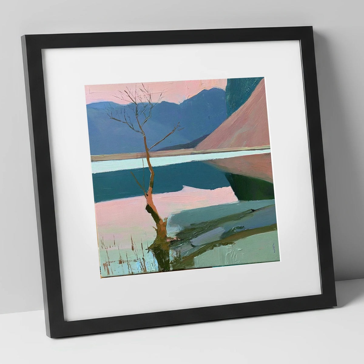 Buttermere Lone Tree in Pink lake district lake art print in black frame