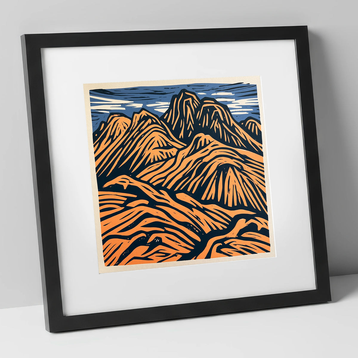Bowfell in Terracotta and Navy lake district fell art print in black frame