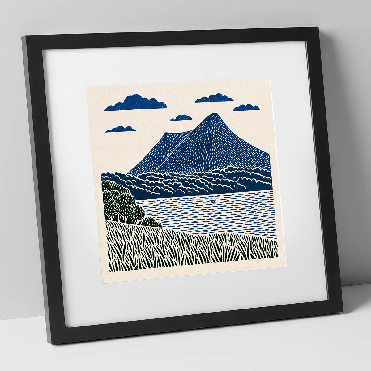 Graphic Navy Catbells Fell lake district fell art print in black frame