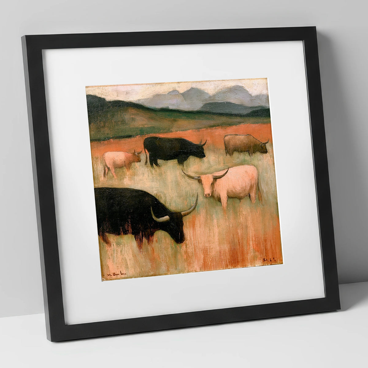 Highland Cattle on Warm Fells lake district wildlife art print in black frame