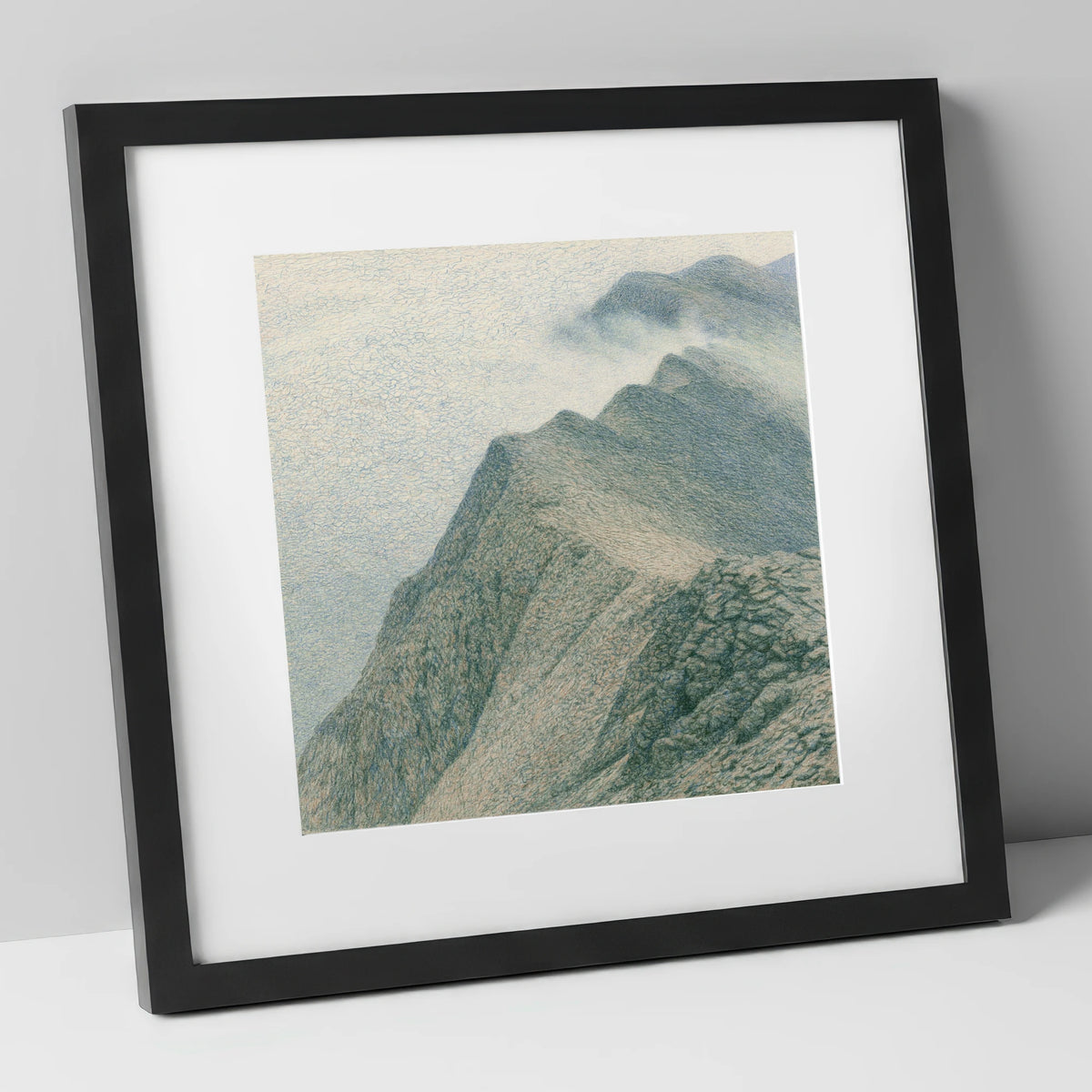 Textured Mountain Ridge in Mist lake district fell art print in black frame