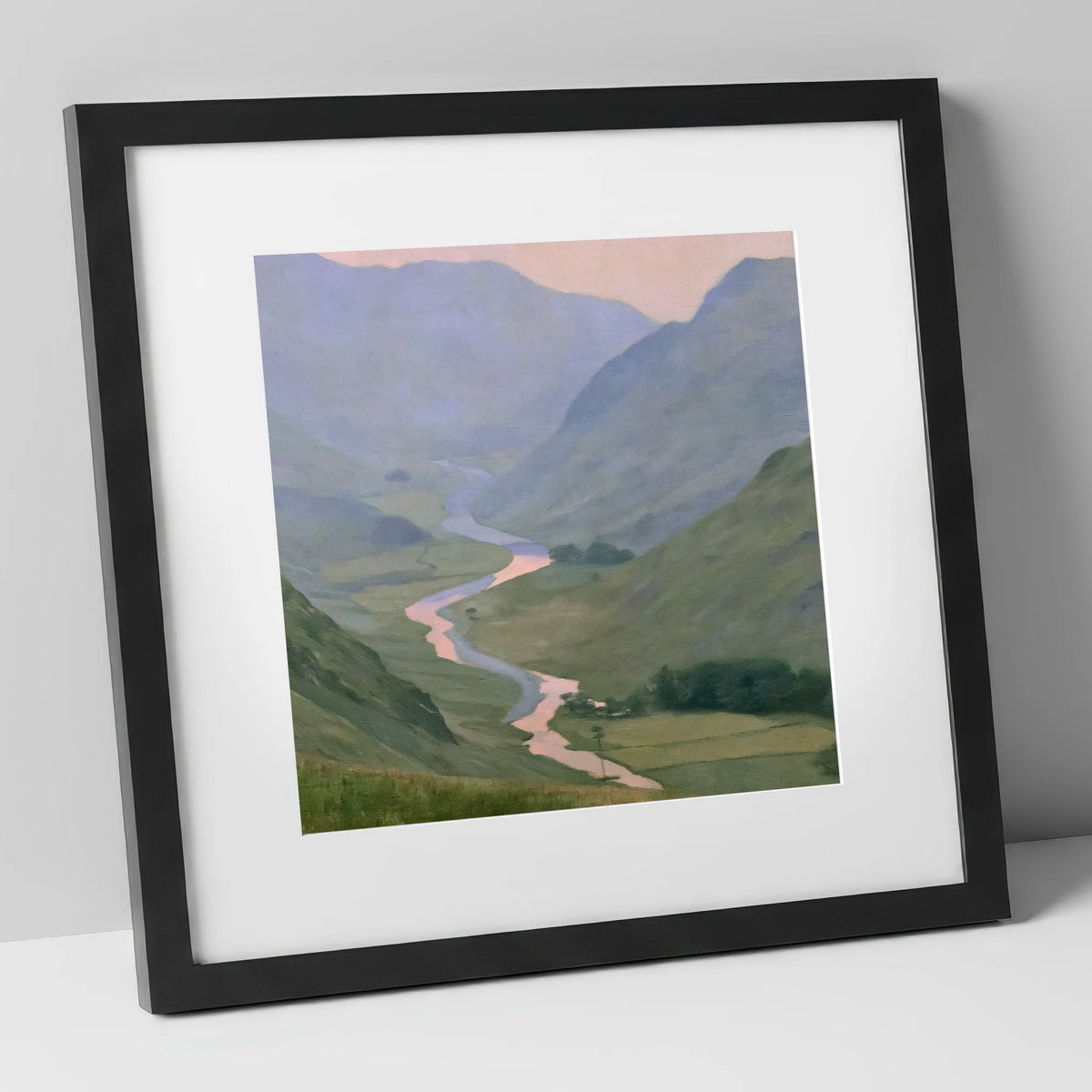Winding River Valley at Dusk lake district waterfall art print in black frame
