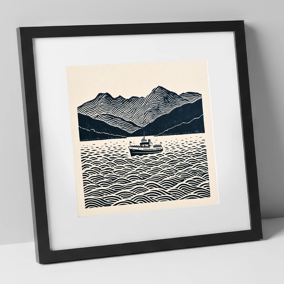 Windermere Cruiser Against Rhythmic Fells lake district lake art print in black frame