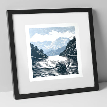 Coniston Water Launch in Navy lake district lake art print in black frame