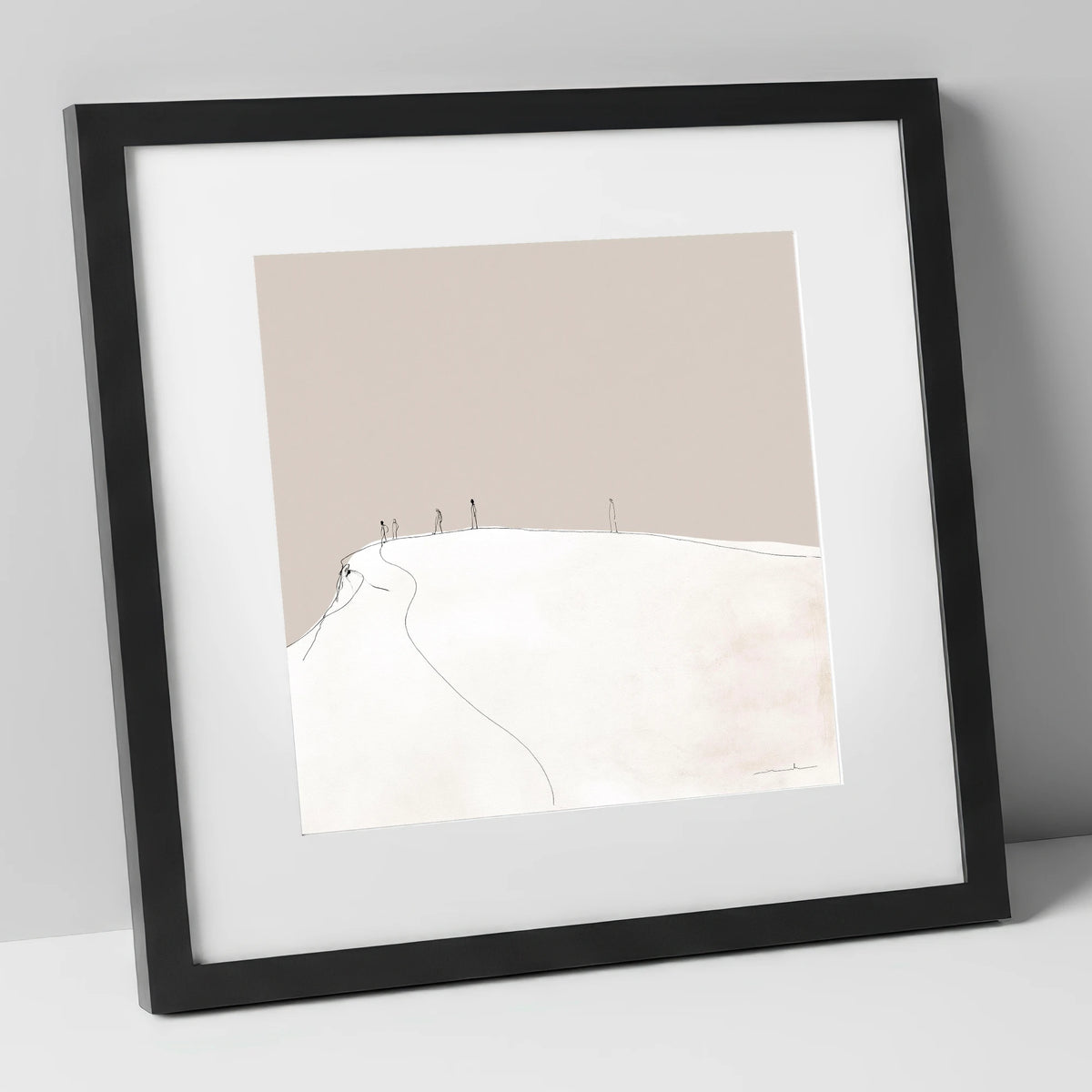Distant Hikers on a Fell lake district fell art print in black frame
