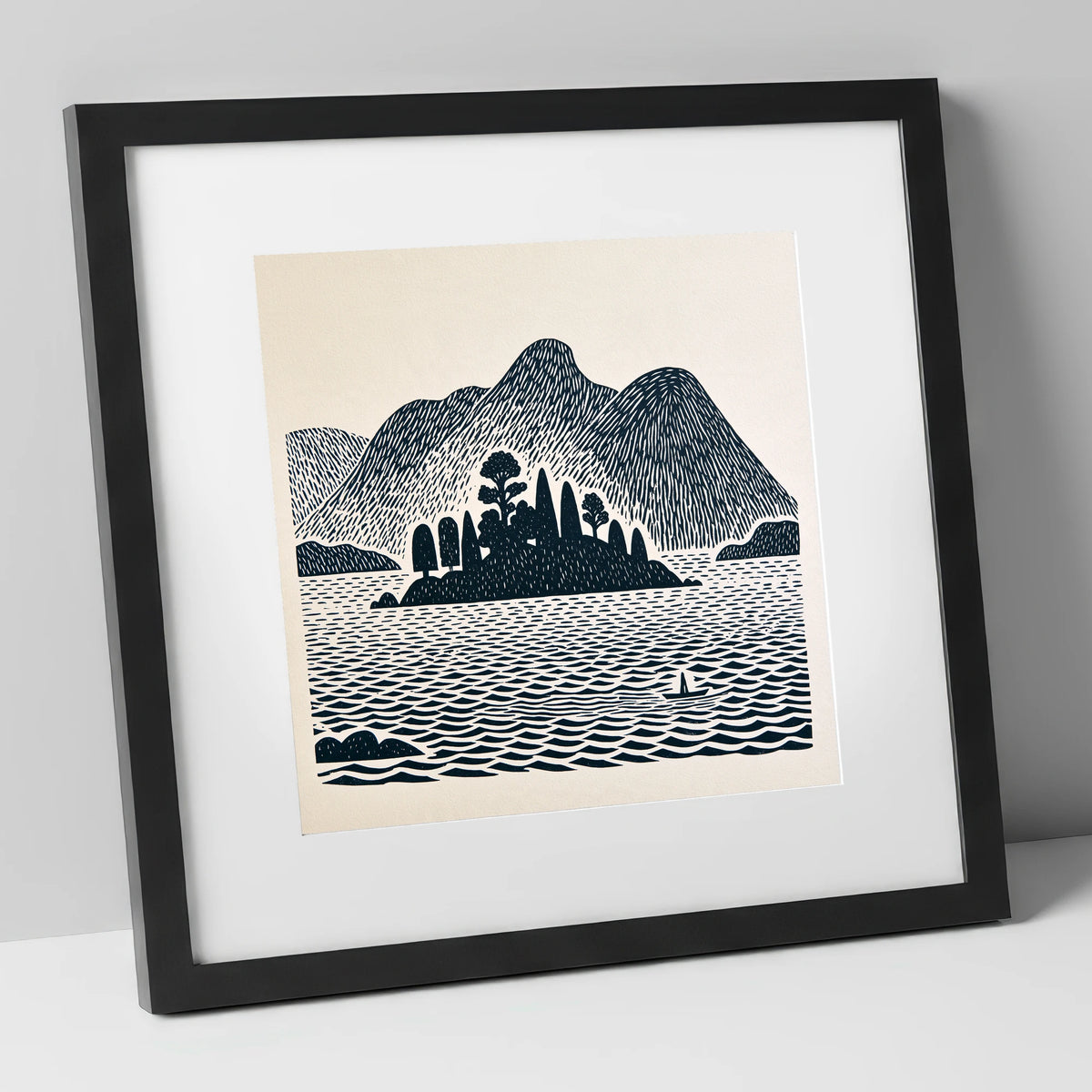 Derwentwater Island in Deep Navy lake district lake art print in black frame