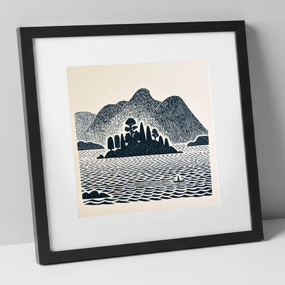 Derwentwater Island in Deep Navy lake district lake art print in black frame