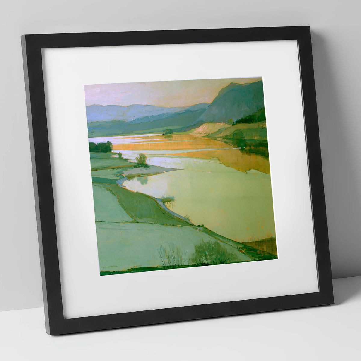 Sage Pastures by the Lake lake district lake art print in black frame