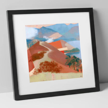 Terracotta Cat Bells Above Derwentwater lake district fell art print in black frame