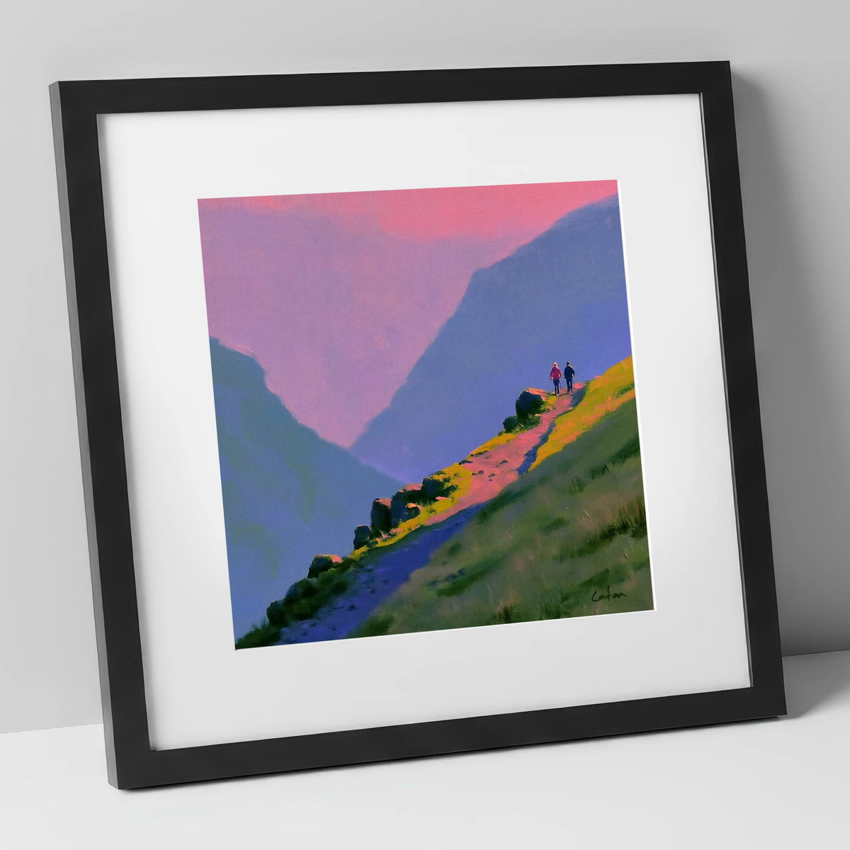 Walkers on a Vivid Mountain Path lake district walking art print in black frame
