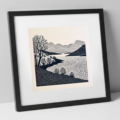 Stark Trees at Coniston Water lake district lake art print in black frame