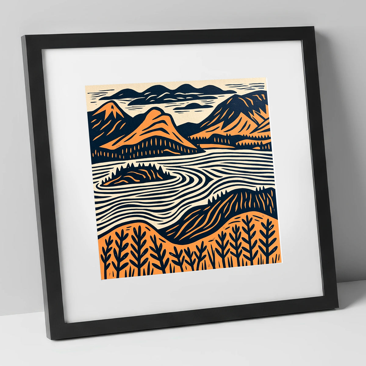 Derwentwater Island in Orange and Navy lake district lake art print in black frame