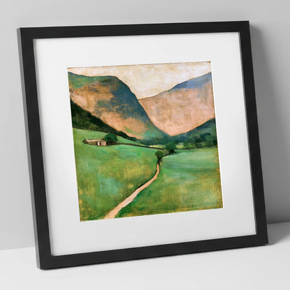 Green Valley Beneath Warm Fells lake district valley art print in black frame