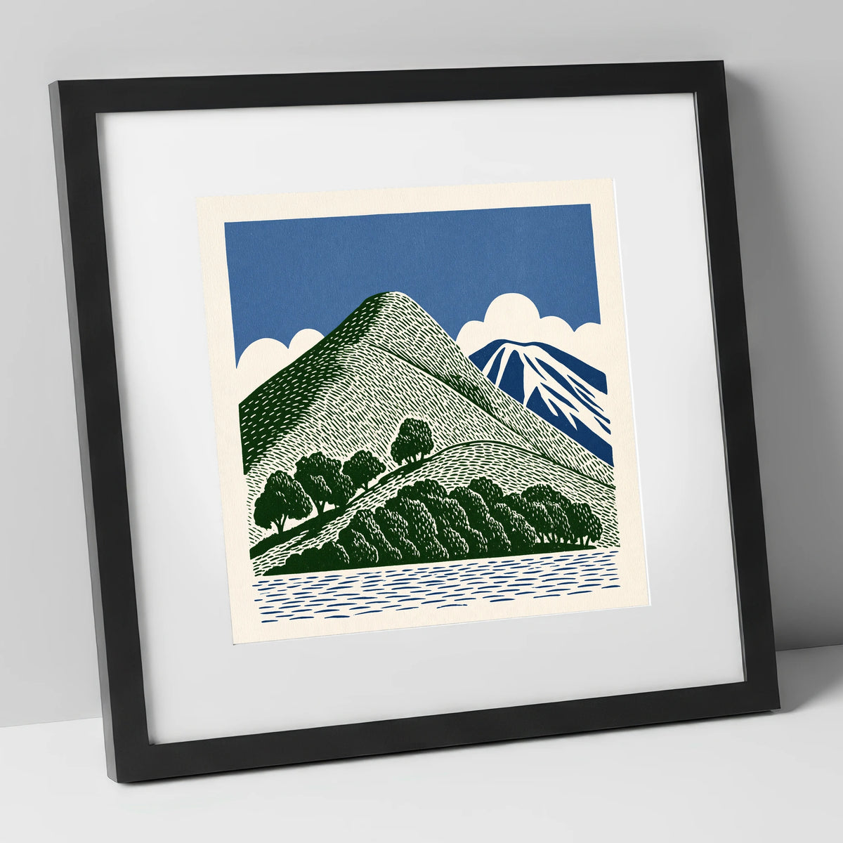 Catbells in Green and Navy lake district fell art print in black frame