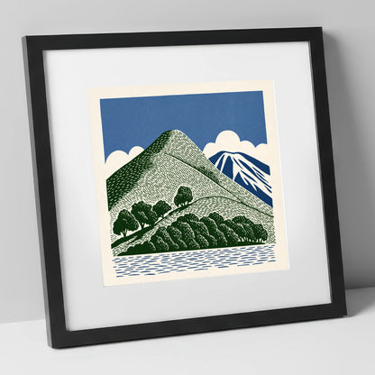 Catbells in Green and Navy lake district fell art print in black frame