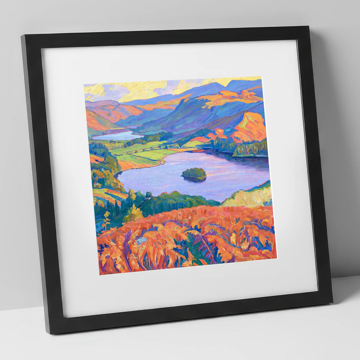 Vibrant Bracken Over Grasmere lake district lake art print in black frame