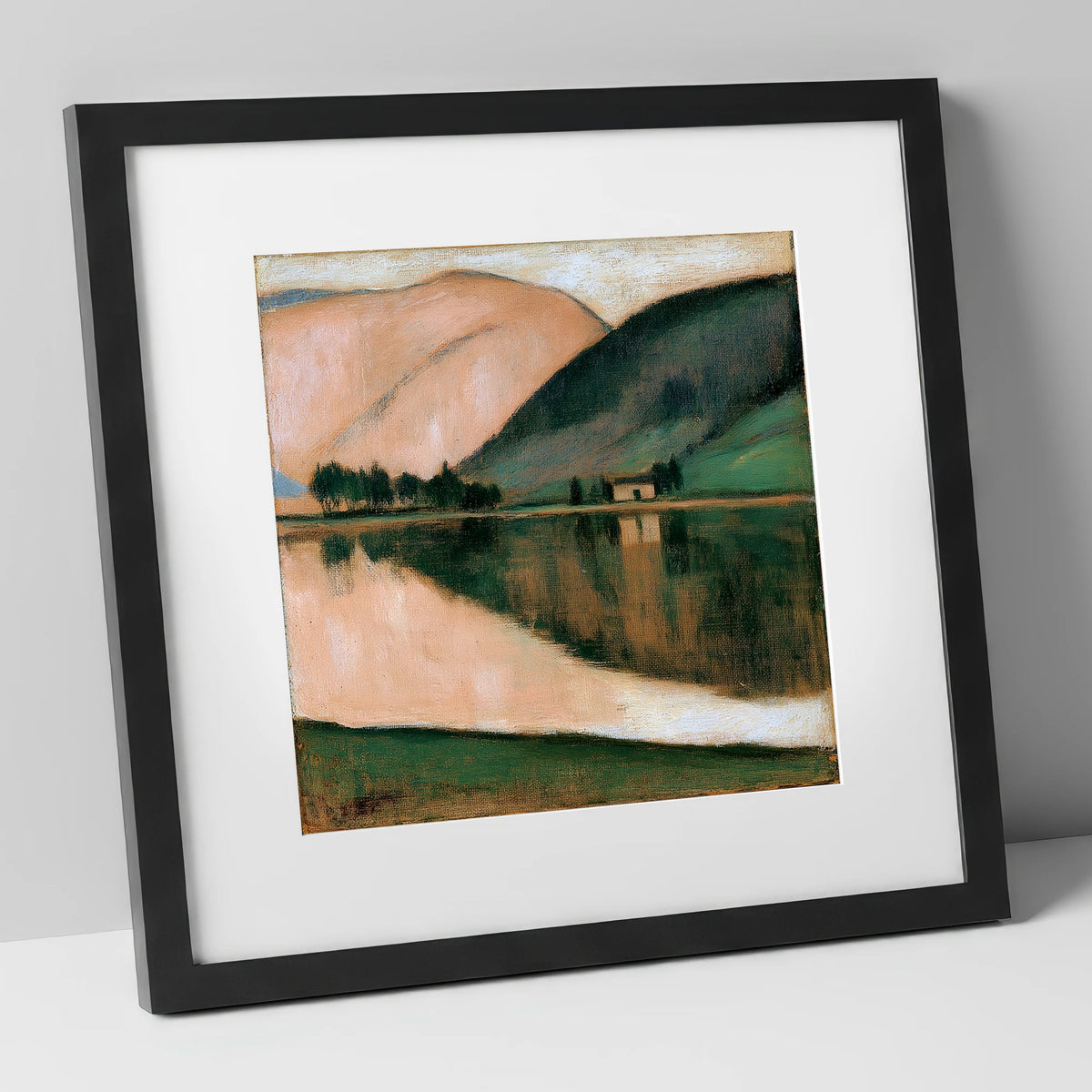 Calm Lake and Terracotta Fells lake district lake art print in black frame
