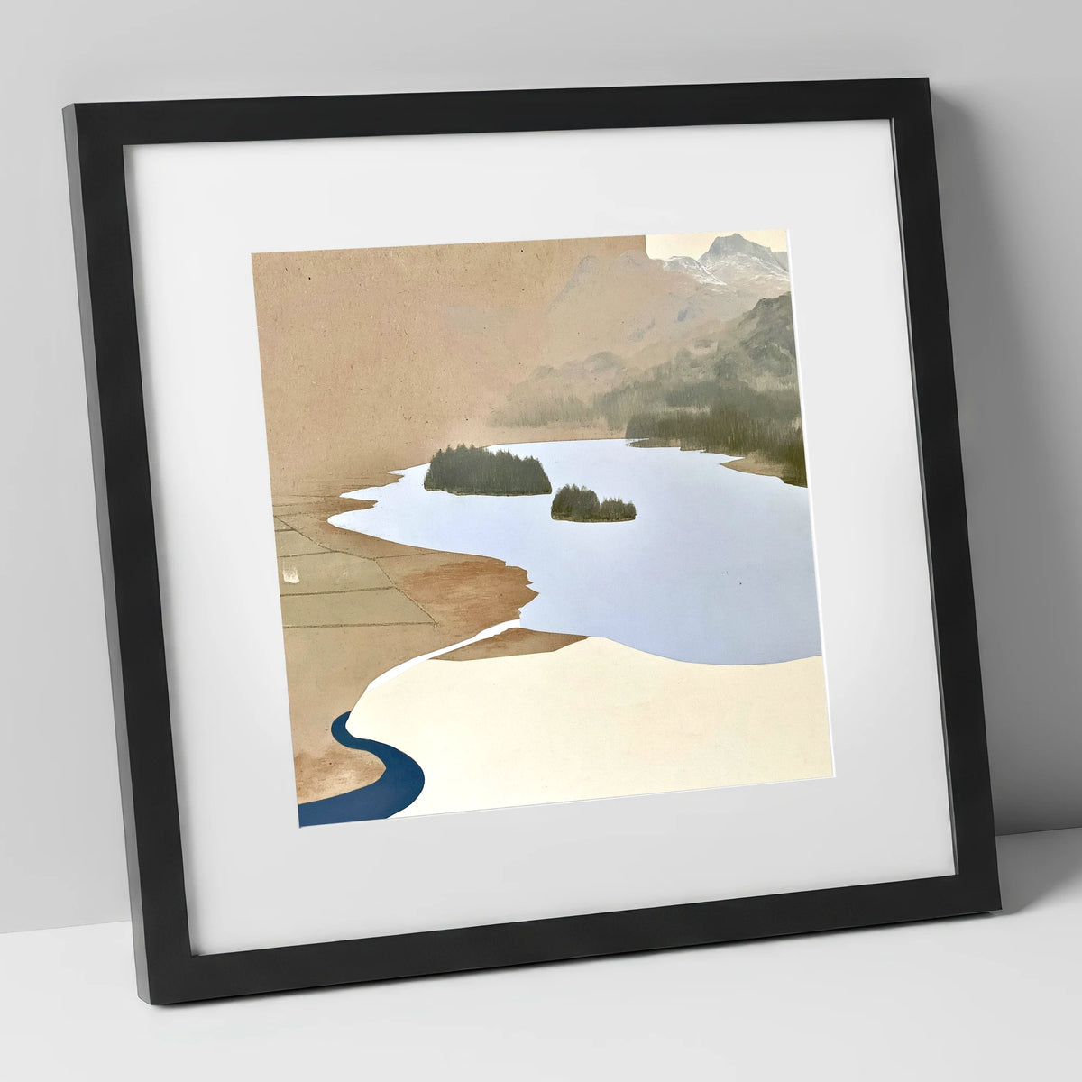 Aerial View over Elterwater lake district lake art print in black frame