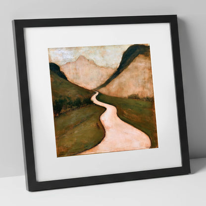 Winding Mountain Pass in Warm Tones lake district valley art print in black frame
