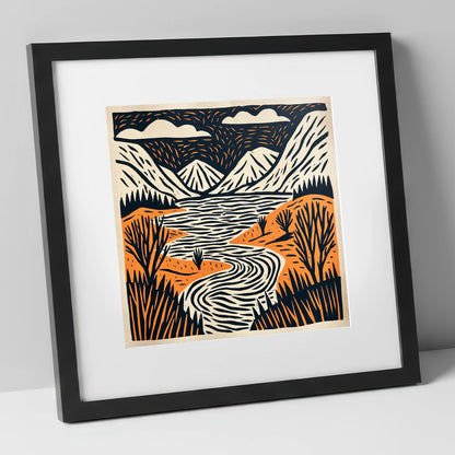 Bold Fells and Winding River lake district lake art print in black frame