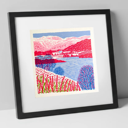 Vibrant Grasmere With Pink Fells lake district lake art print in black frame