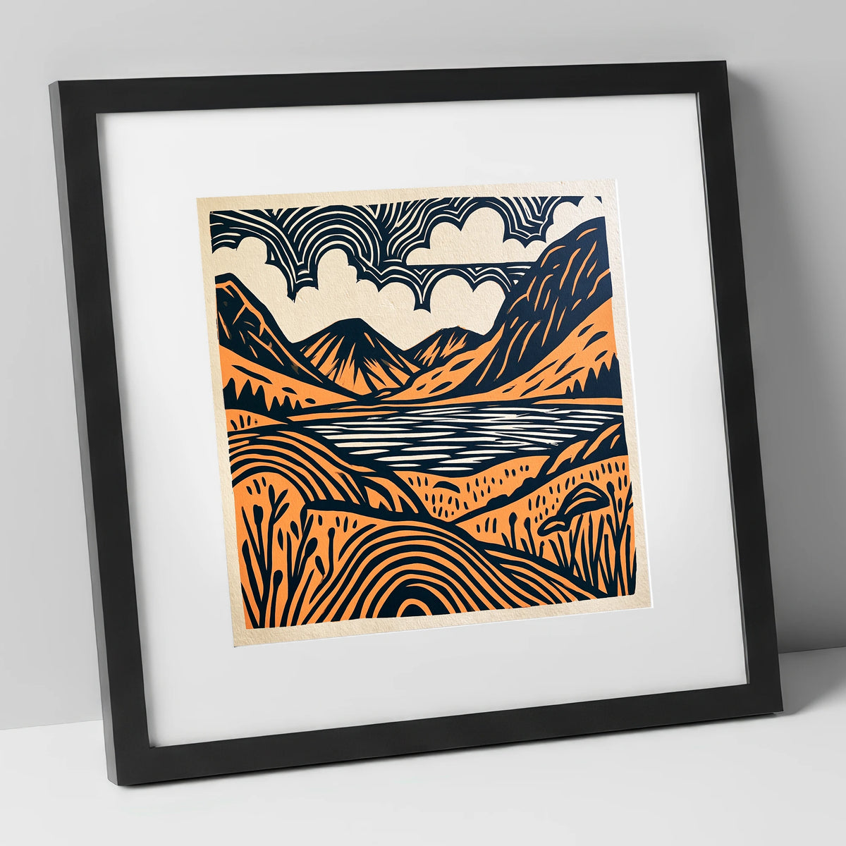 Ennerdale Water in Terracotta and Navy lake district valley art print in black frame