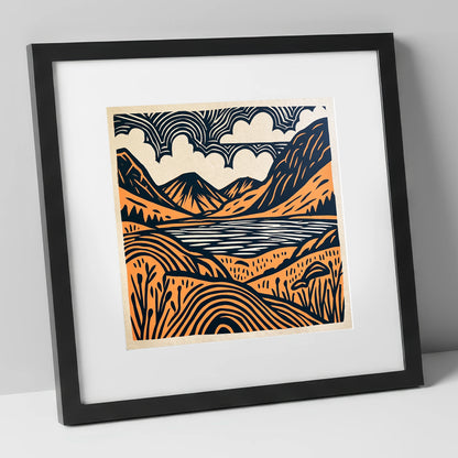 Ennerdale Water in Terracotta and Navy lake district valley art print in black frame