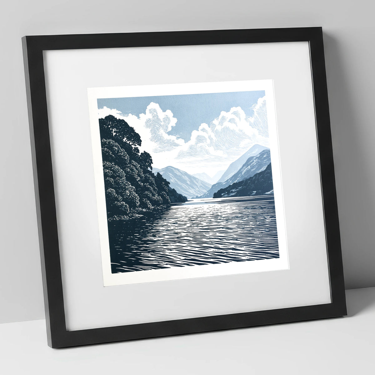 Deep Blue Coniston Water Fells lake district lake art print in black frame