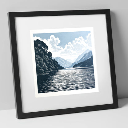 Deep Blue Coniston Water Fells lake district lake art print in black frame