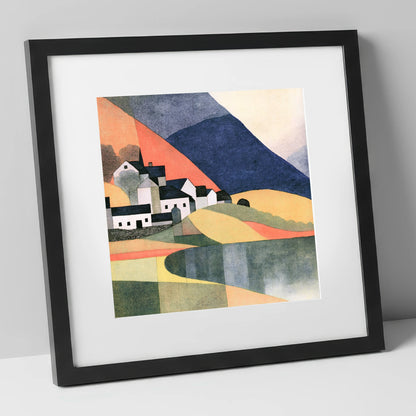Lakeside Village and Indigo Fells lake district village art print in black frame