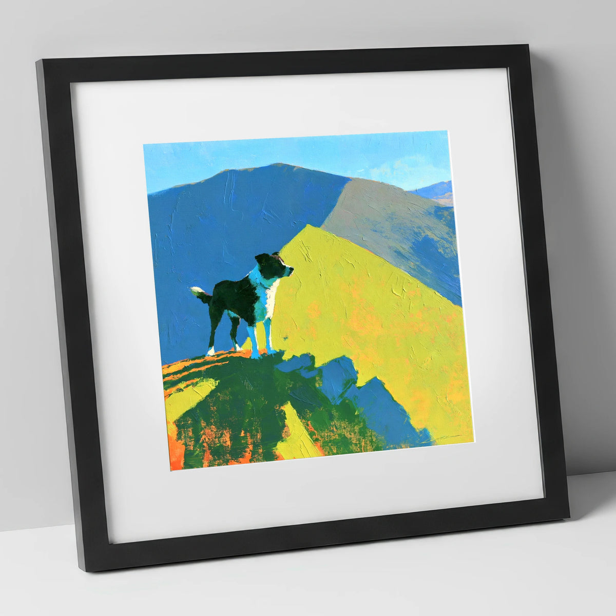 Vibrant Dog on Skiddaw Summit gifts for dog walkers art print in black frame