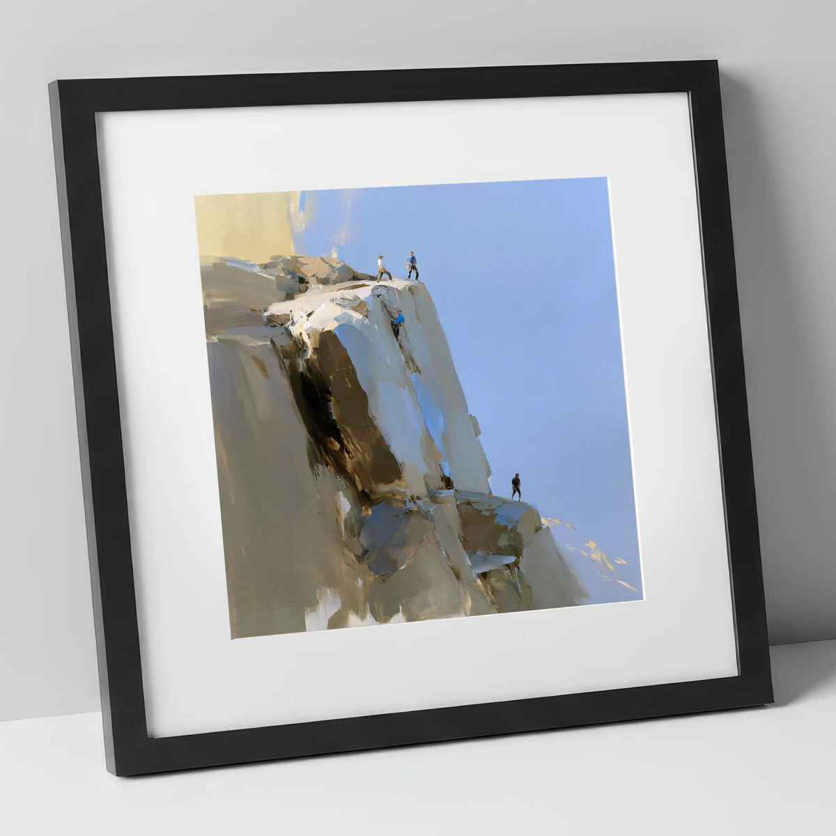 Climbers on a Sunlit Crag lake district walking art print in black frame