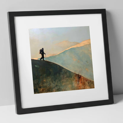 Silhouette Walker on Fell Ridge lake district walking art print in black frame
