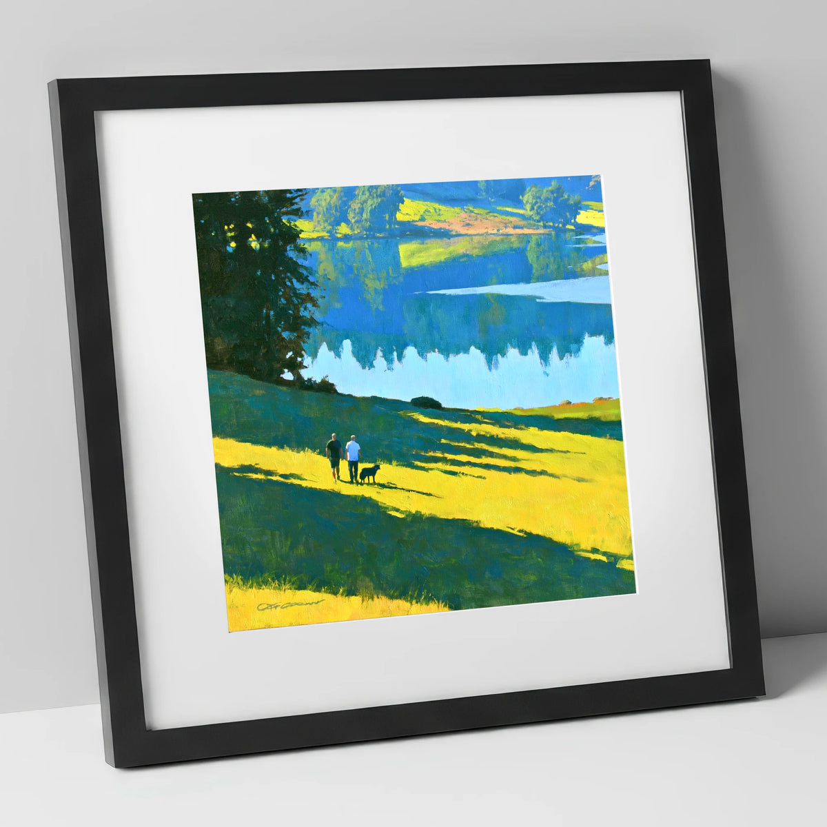 Sunlit Dog Walkers at Tarn Hows gifts for dog walkers art print in black frame