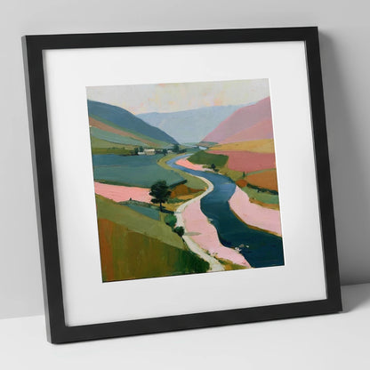 Winding River Valley in Pink lake district waterfall art print in black frame