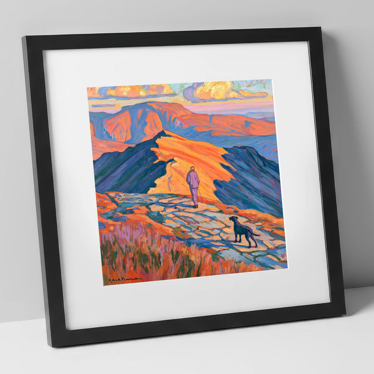 Radiant Helvellyn Dog Walk gifts for dog walkers art print in black frame